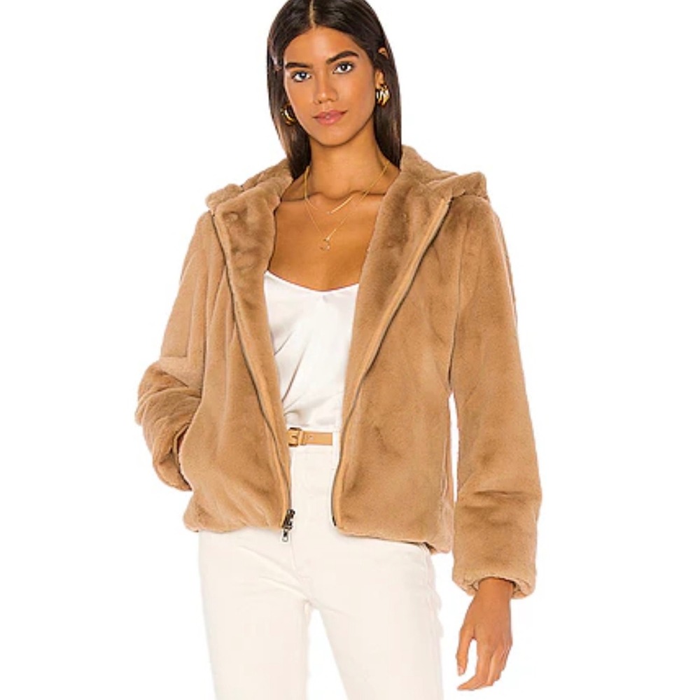 Vince Womens Faux Fur Full Zip Hoodie Jacket Camel Tan Size Small